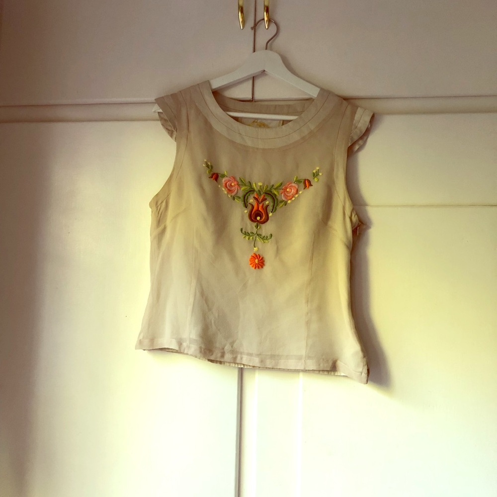 Silk cap sleeve tank with embroidery